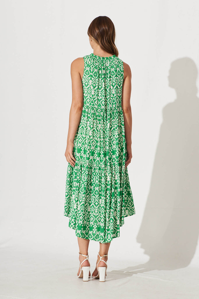Abbotsford Midi Smock Dress In Green Geometric Print - back