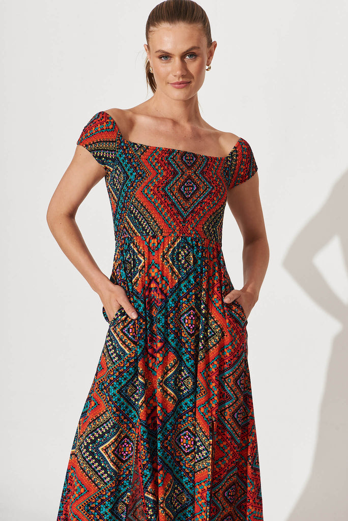 Under The Sun Maxi Dress In Red Multi Print - front