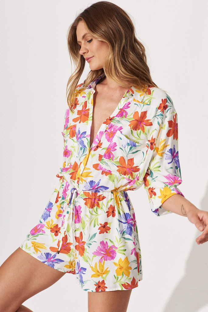 Powers Playsuit In White With Bright Floral Print - front
