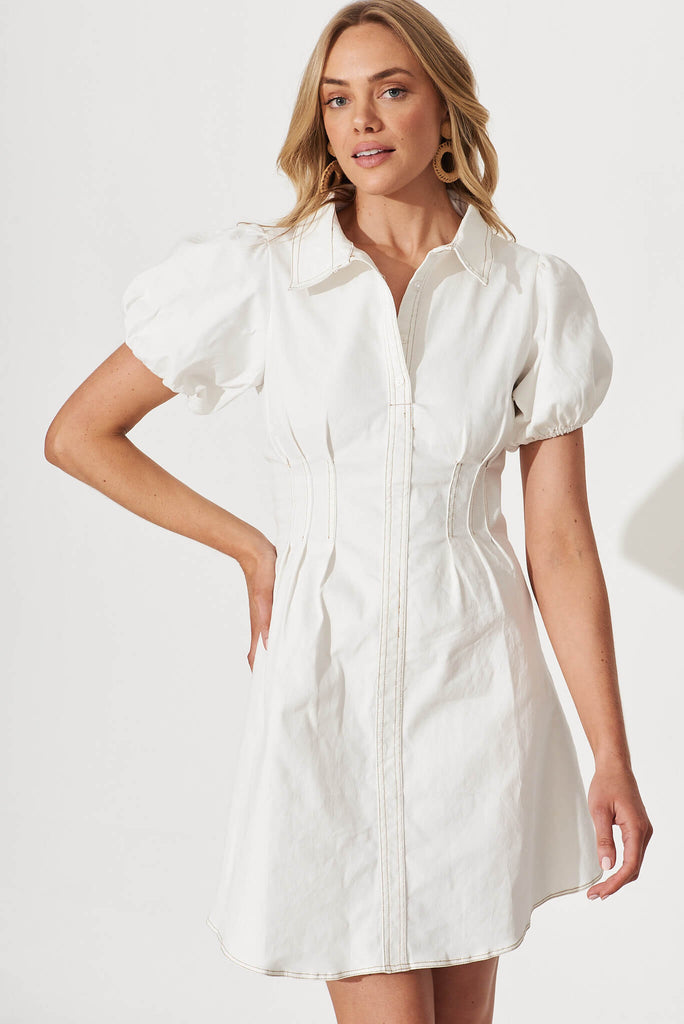 Soho Shirt Dress In White Cotton Blend - front
