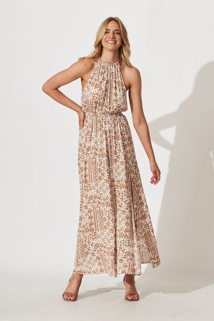 Springfield Halter Neck Maxi Dress In Cream And Brown Print - full length