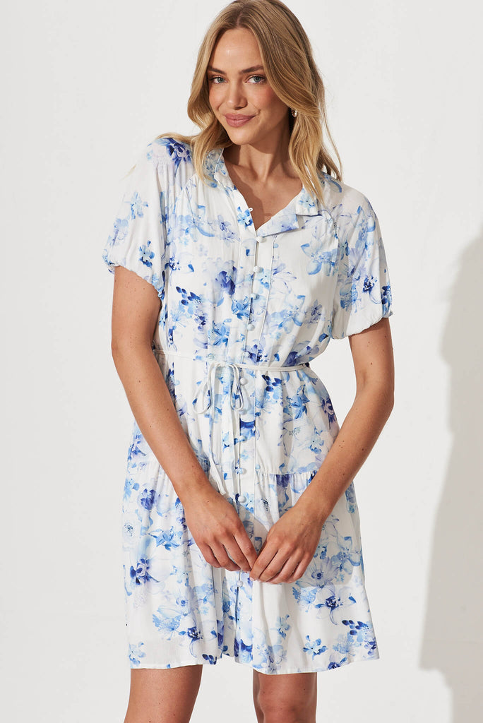 Hilton Shirt Dress In White And Blue Floral Linen Blend - front