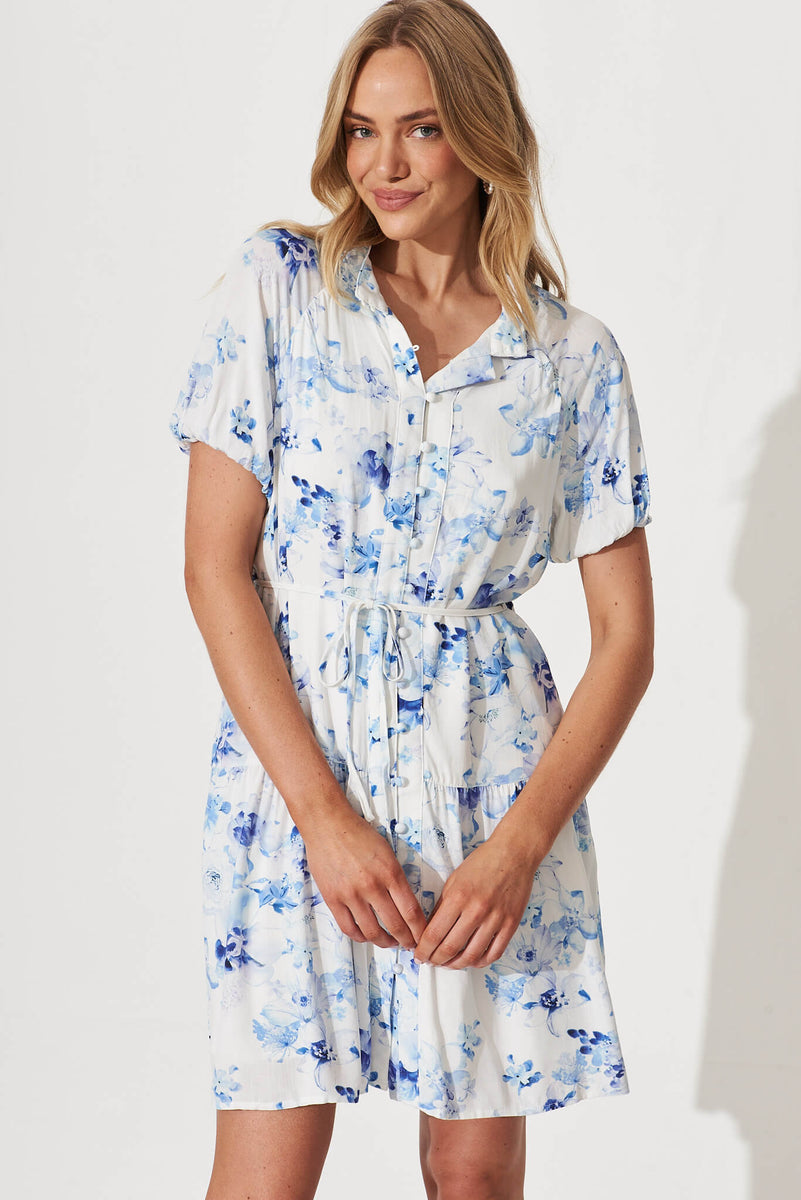 Hilton Shirt Dress In White And Blue Floral Linen Blend St Frock
