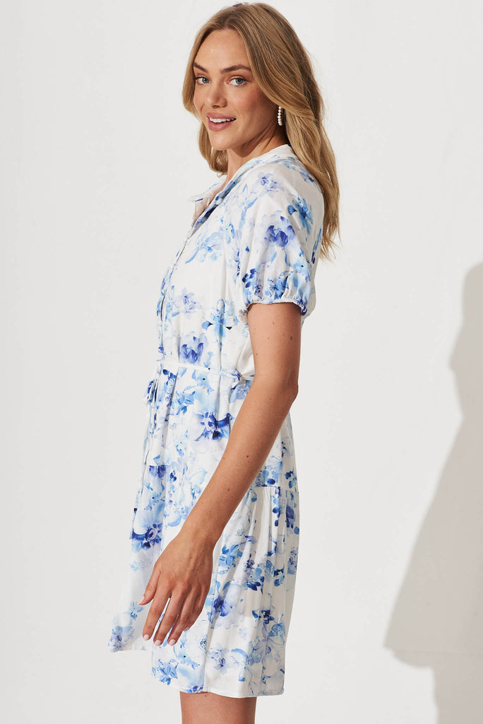 Hilton Shirt Dress In White And Blue Floral Linen Blend - side