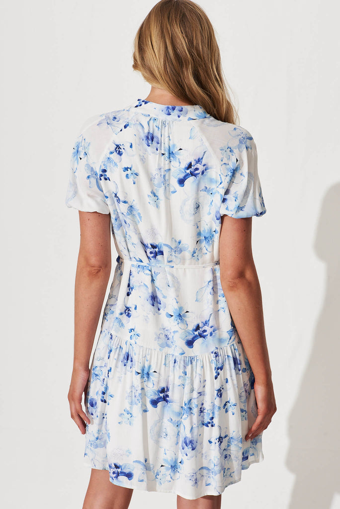 Hilton Shirt Dress In White And Blue Floral Linen Blend - back