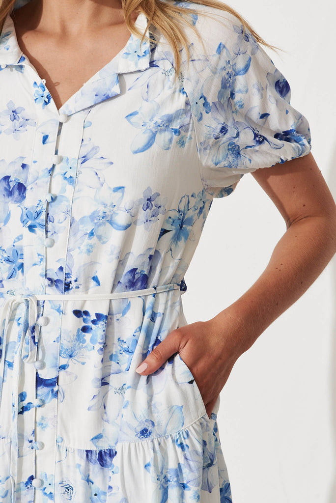 Hilton Shirt Dress In White And Blue Floral Linen Blend - detail