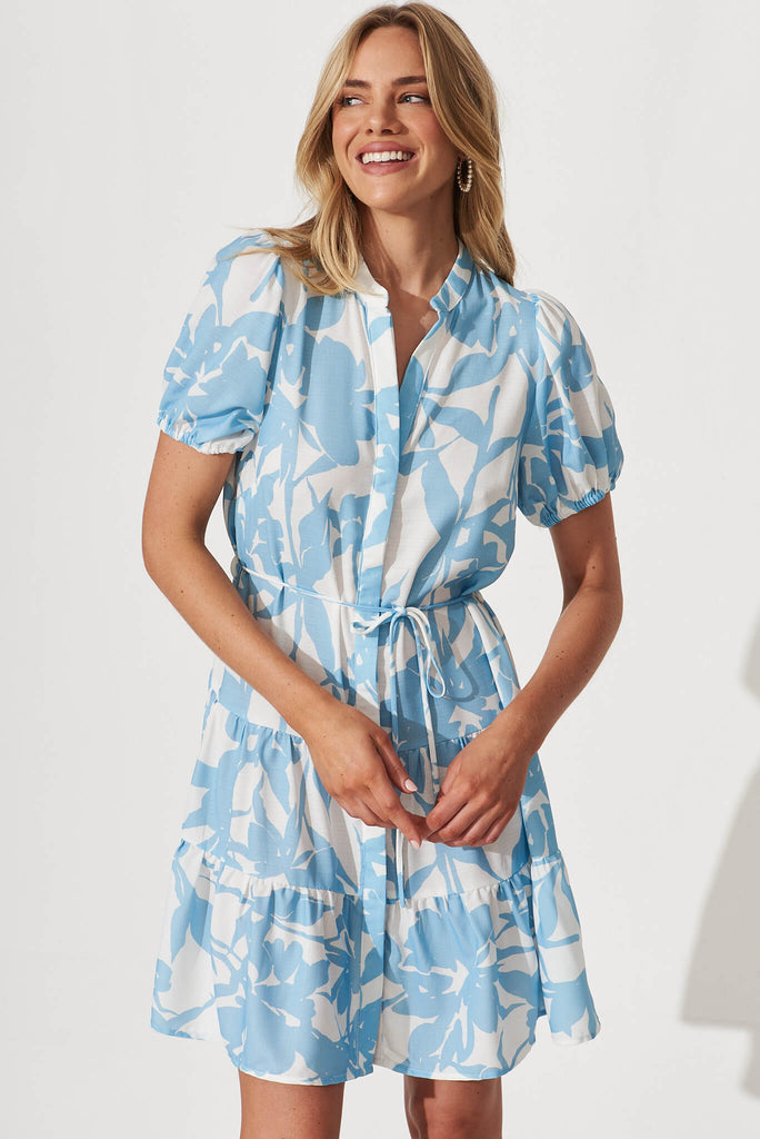 Shanti Shirt Dress In Blue With White Floral - front