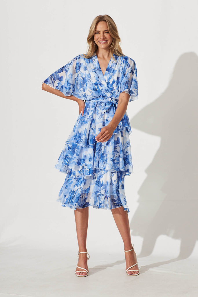 Mindy Midi Dress In Blue Watercolour Floral - full length