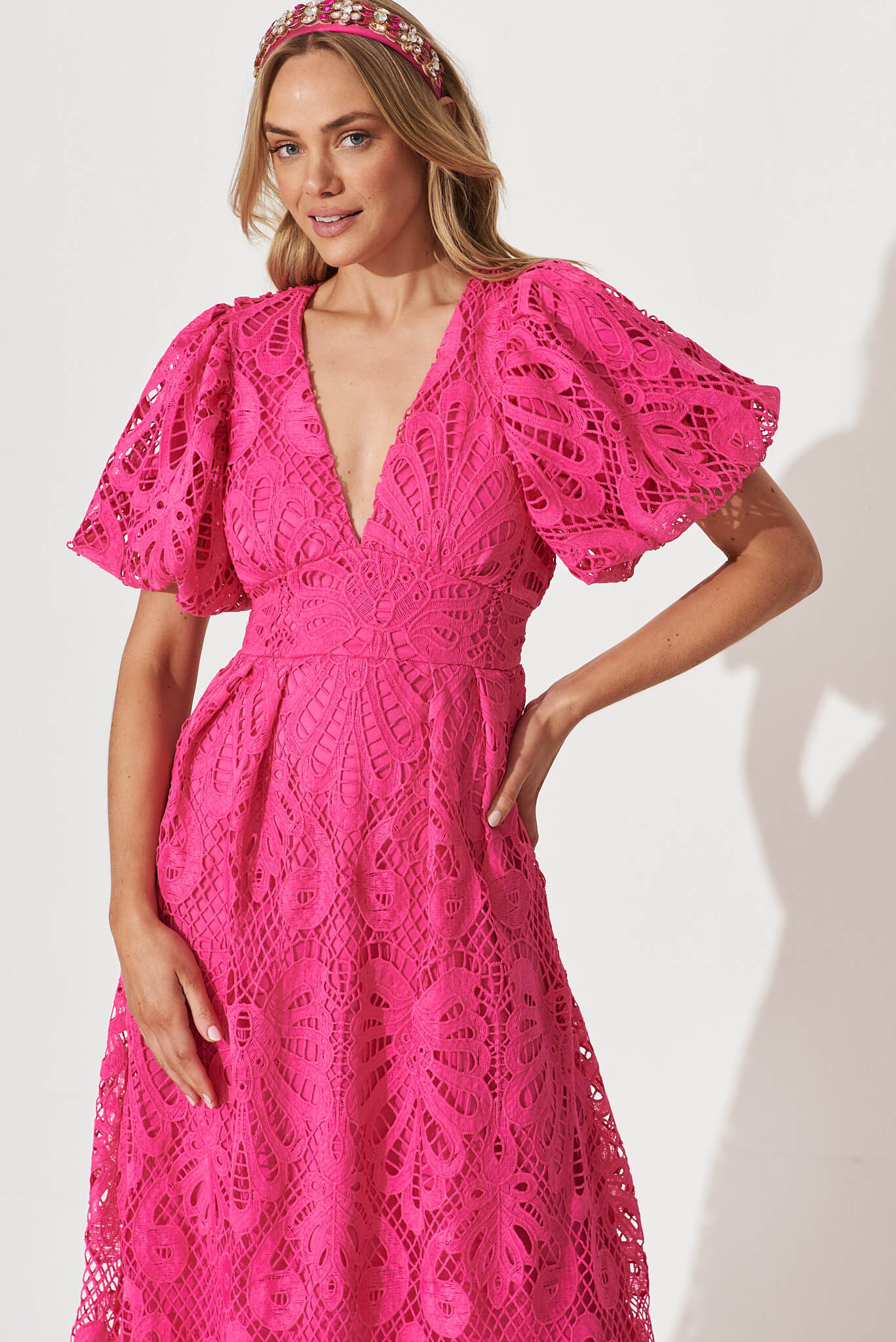Hot pink lace dress with sleeves deals