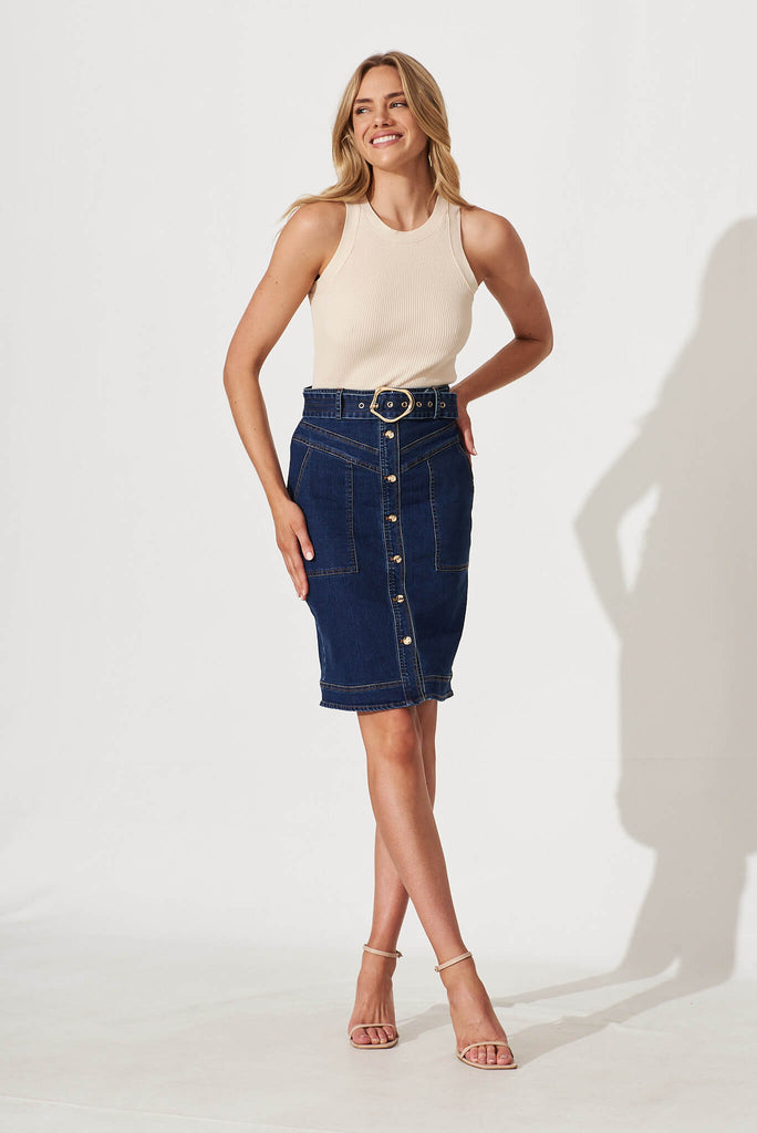 Arabella Denim Skirt With Belt In Dark Blue - full length