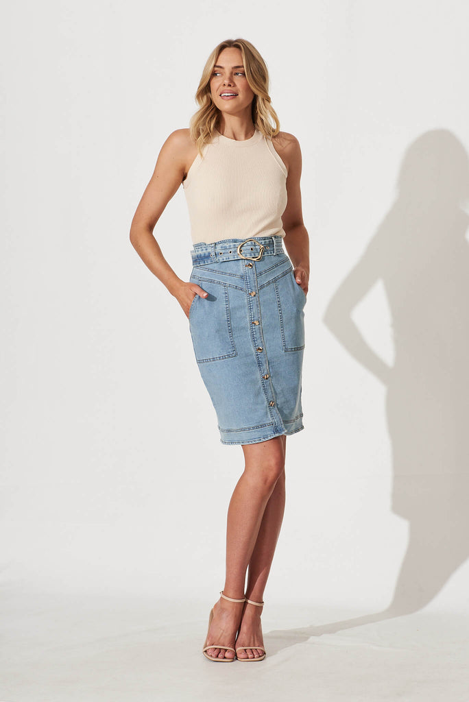 Arabella Denim Skirt With Belt In Mid Blue - full length