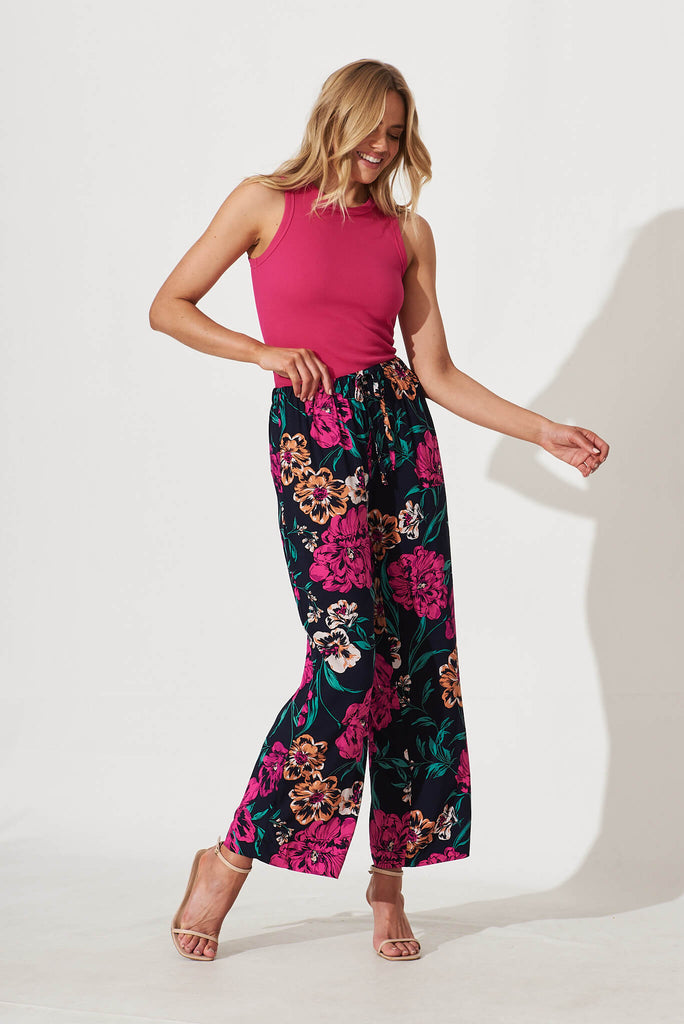 Oceanside Pants In Navy With Pink Floral - full length