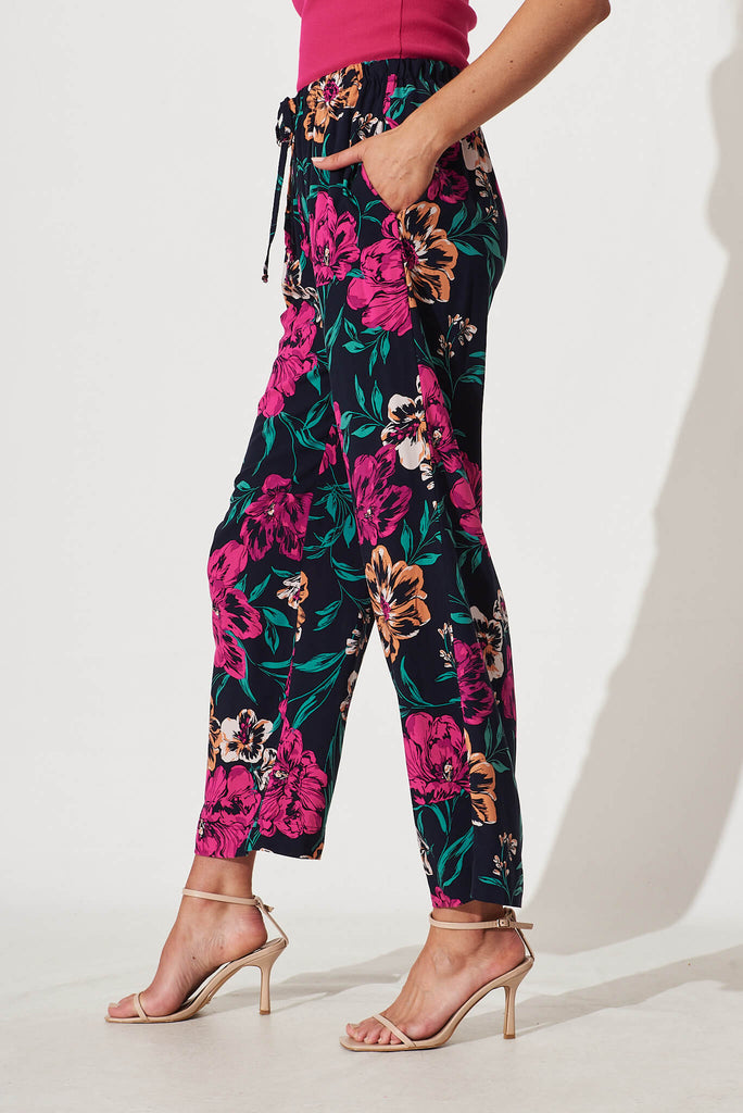 Oceanside Pants In Navy With Pink Floral - side