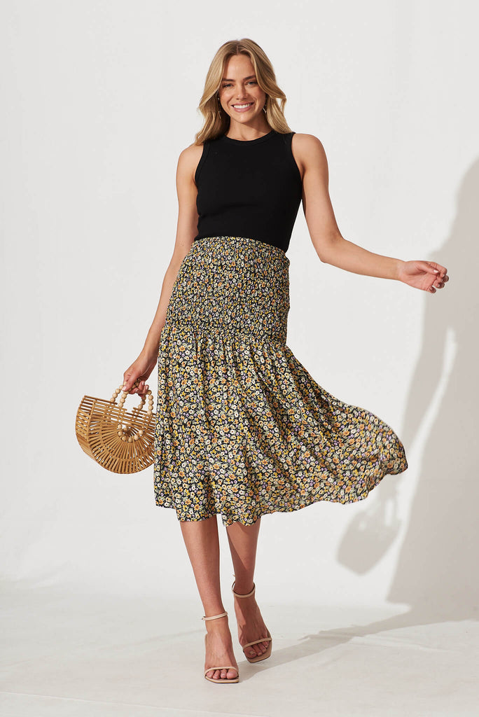 Evermore Midi Skirt In Black Multi Floral - full length