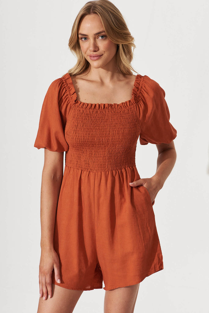 Palma Playsuit In Rust Linen Blend - front