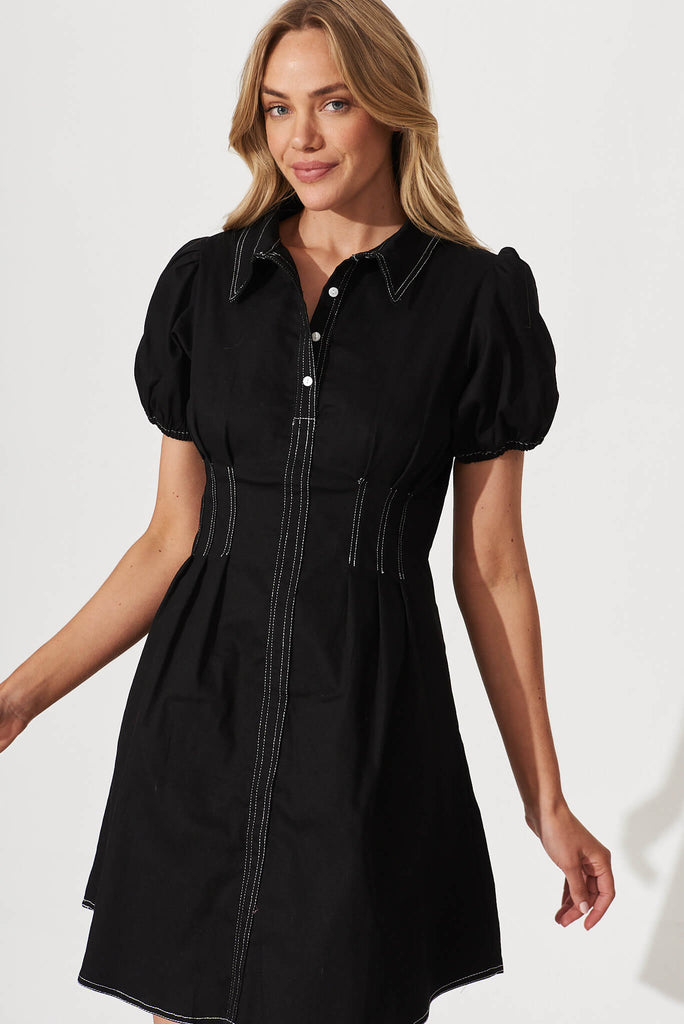 Soho Shirt Dress In Black Cotton Blend - front