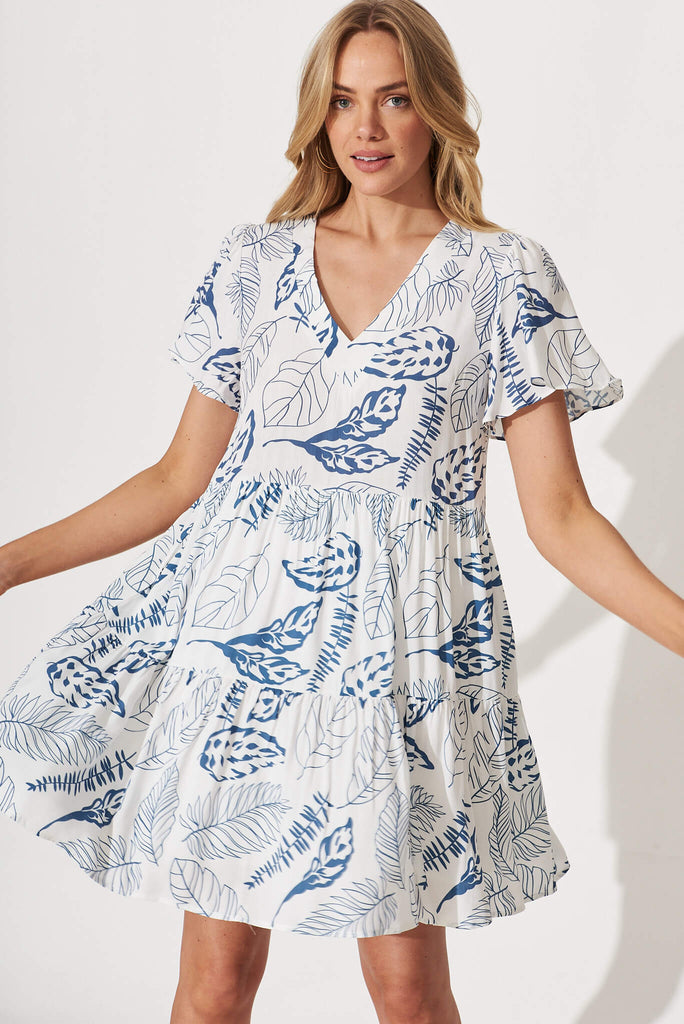 Diana Smock Dress In White With Blue Leaf Print Linen Blend - front