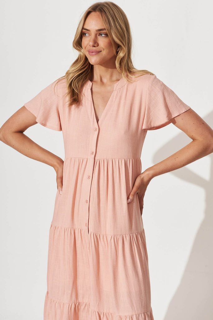 Marvela Midi Shirt Dress In Blush Linen Blend - front