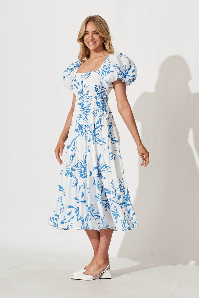 Kaitlyn Midi Dress In White With Blue Floral Print - side