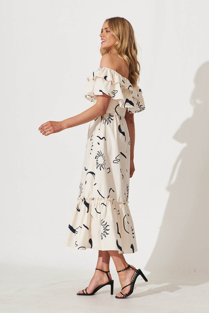 Lula Maxi Dress In Beige With Black Print Cotton - side