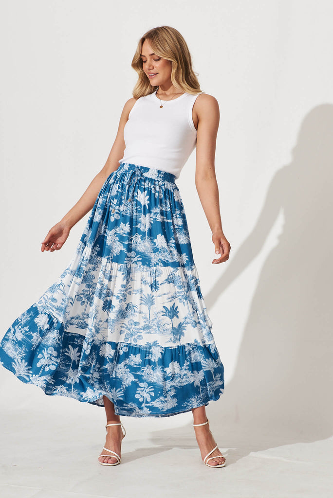Oasis Maxi Skirt In Blue With White Palm Print - full length