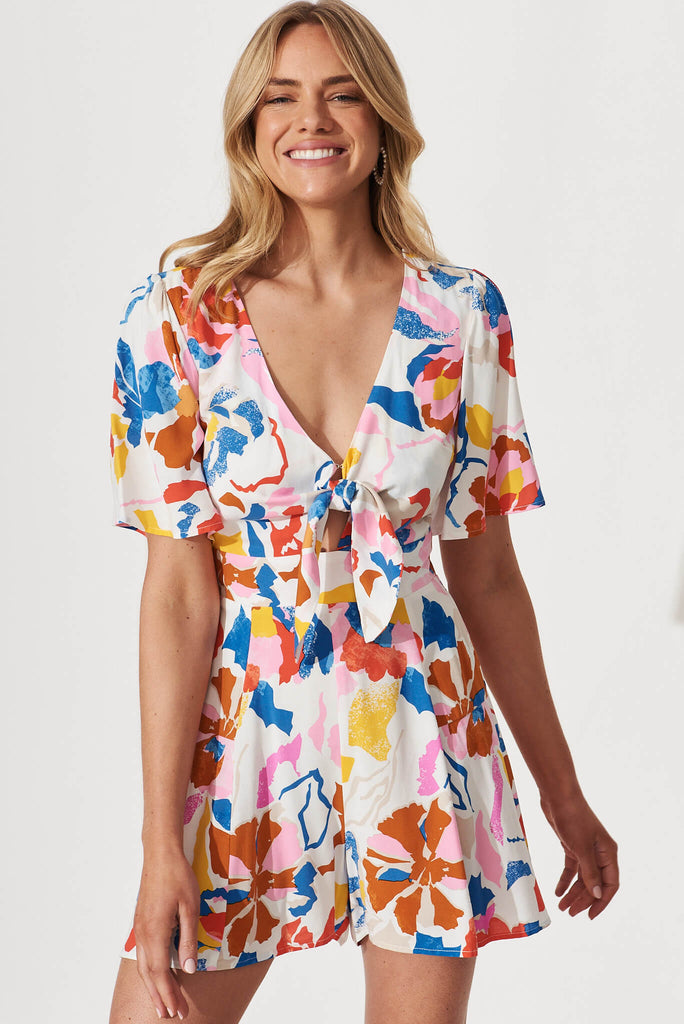Lovebird Playsuit In White With Bright Multi Floral - front