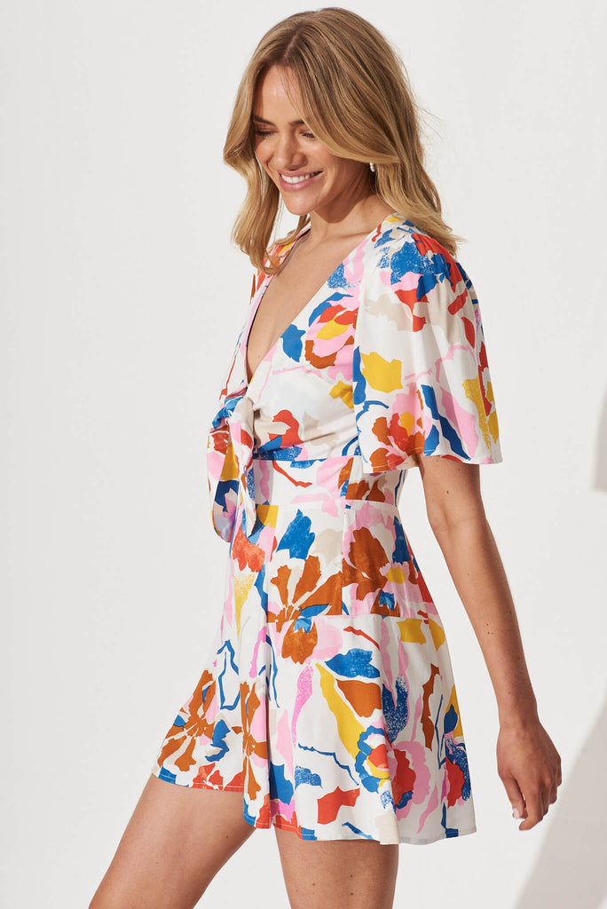 Lovebird Playsuit In White With Bright Multi Floral - side