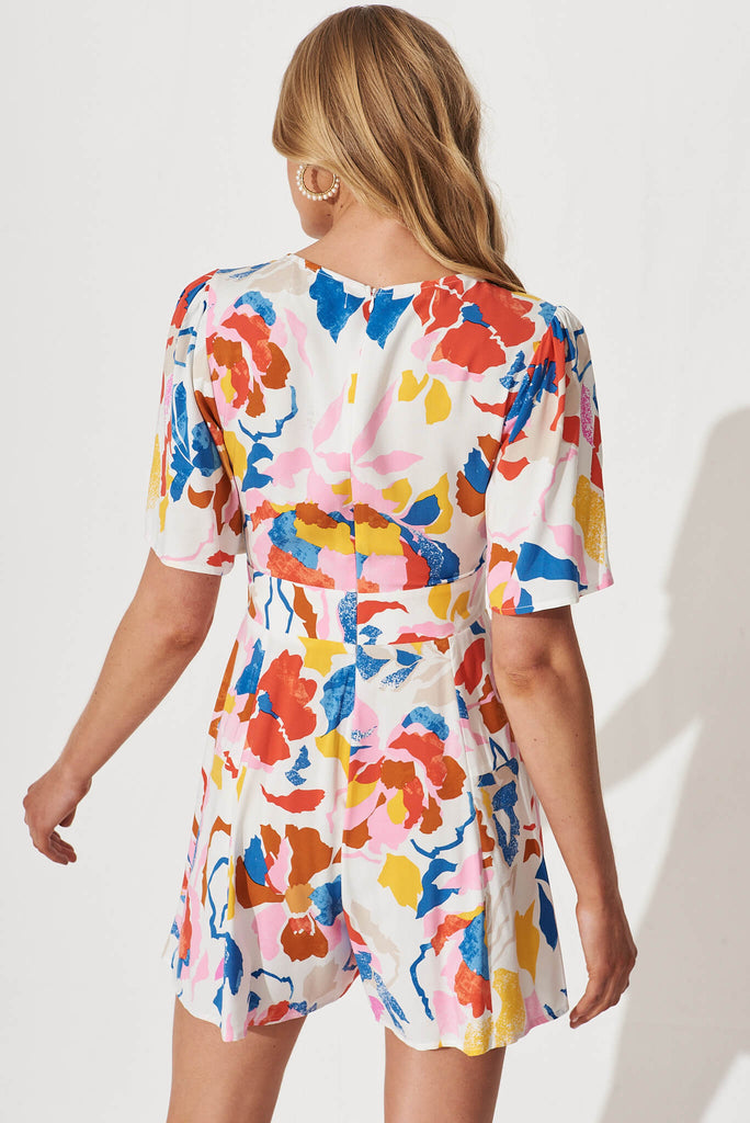Lovebird Playsuit In White With Bright Multi Floral - back
