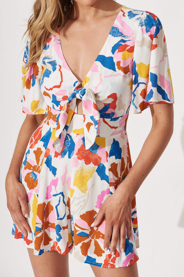 Lovebird Playsuit In White With Bright Multi Floral - detail