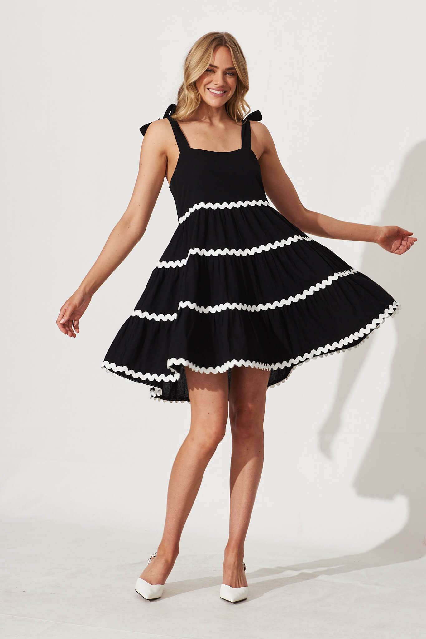Claus Dress In Black With White Ric Rac Trim Cotton - full length