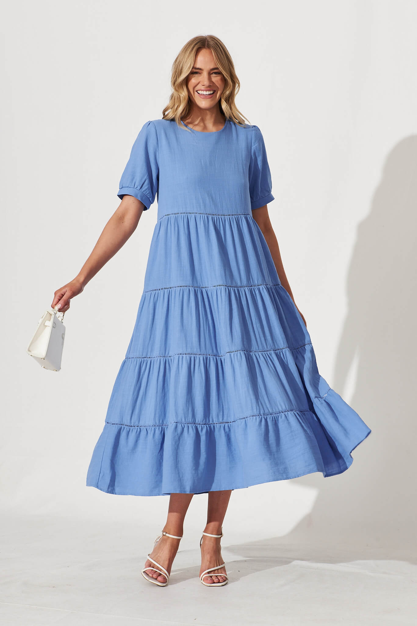Shonda Midi Dress In Blue Linen Blend - full length