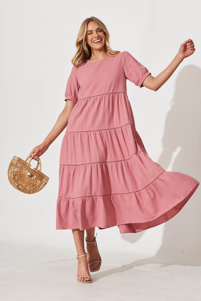 Shonda Midi Dress In Rose Linen Blend - full length