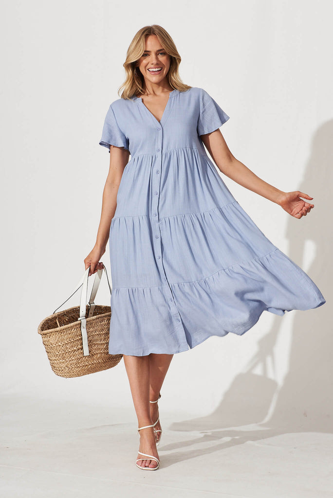 Marvela Midi Shirt Dress In Sky Blue Linen Blend - full length