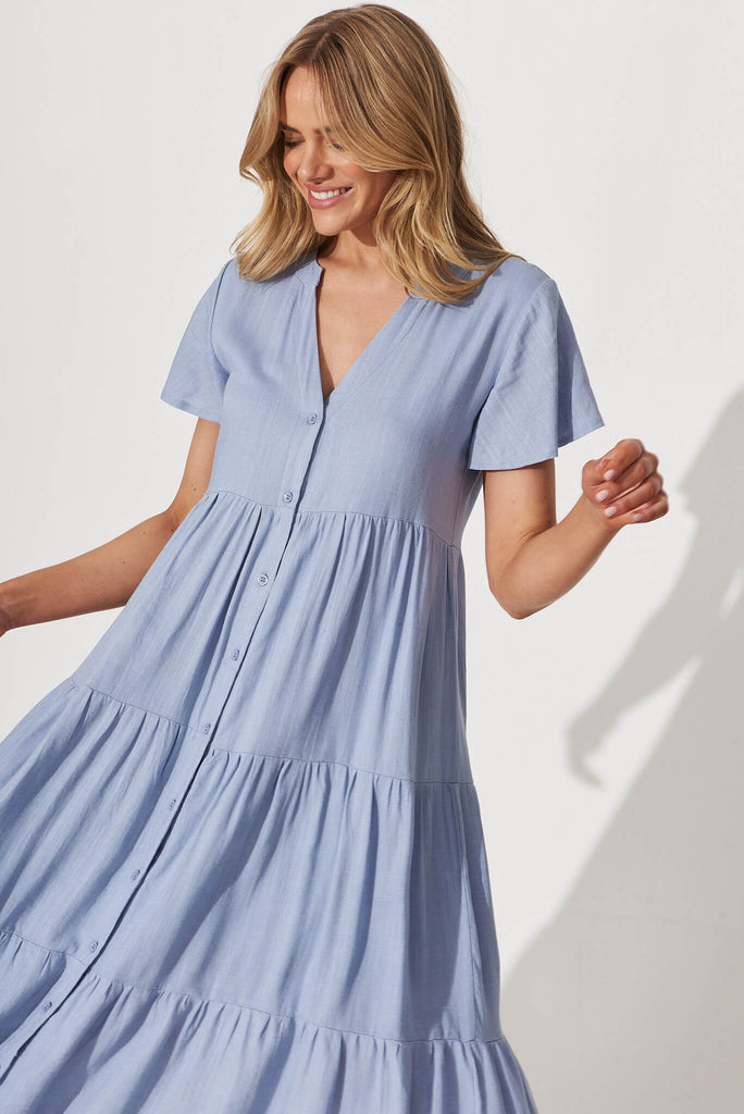 Marvela Midi Shirt Dress In Sky Blue Linen Blend - front
