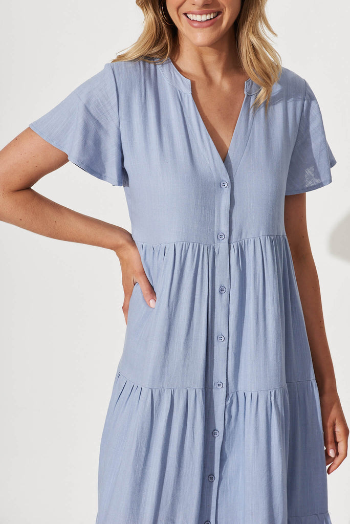 Marvela Midi Shirt Dress In Sky Blue Linen Blend - detail