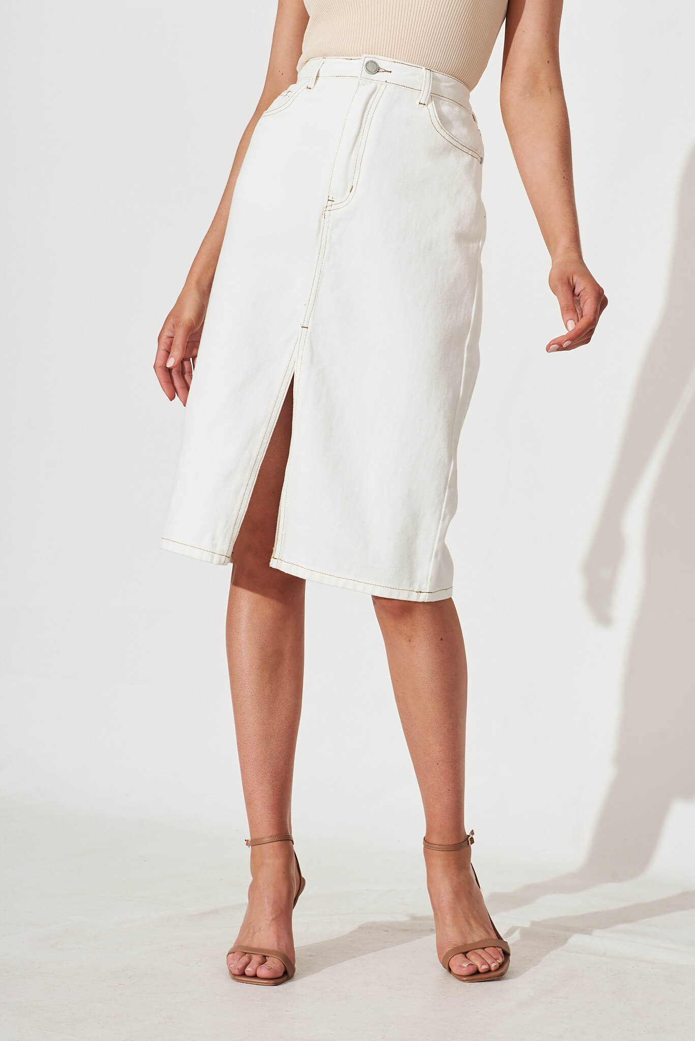 Cha Cha Midi Denim Skirt In White - front