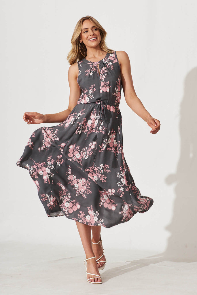 Mayfield Maxi Dress In Khaki With Pink Floral - full length
