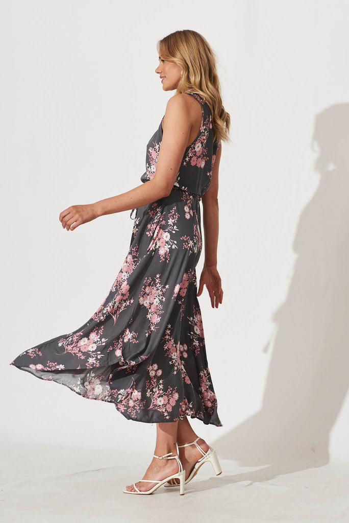 Mayfield Maxi Dress In Khaki With Pink Floral - side