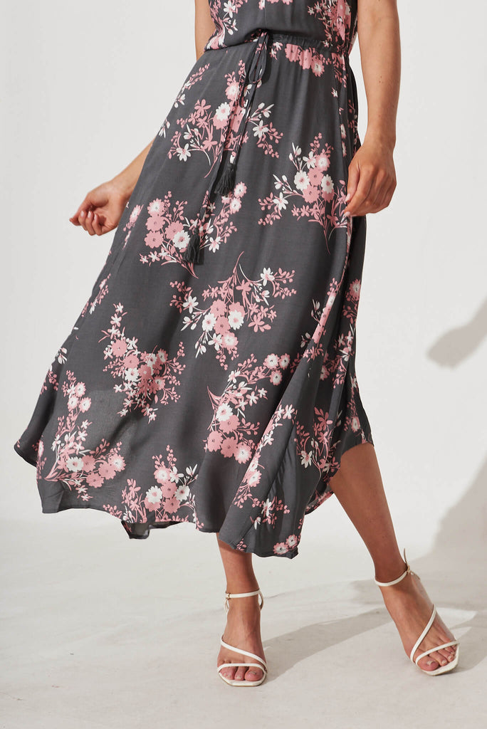 Mayfield Maxi Dress In Khaki With Pink Floral - detail