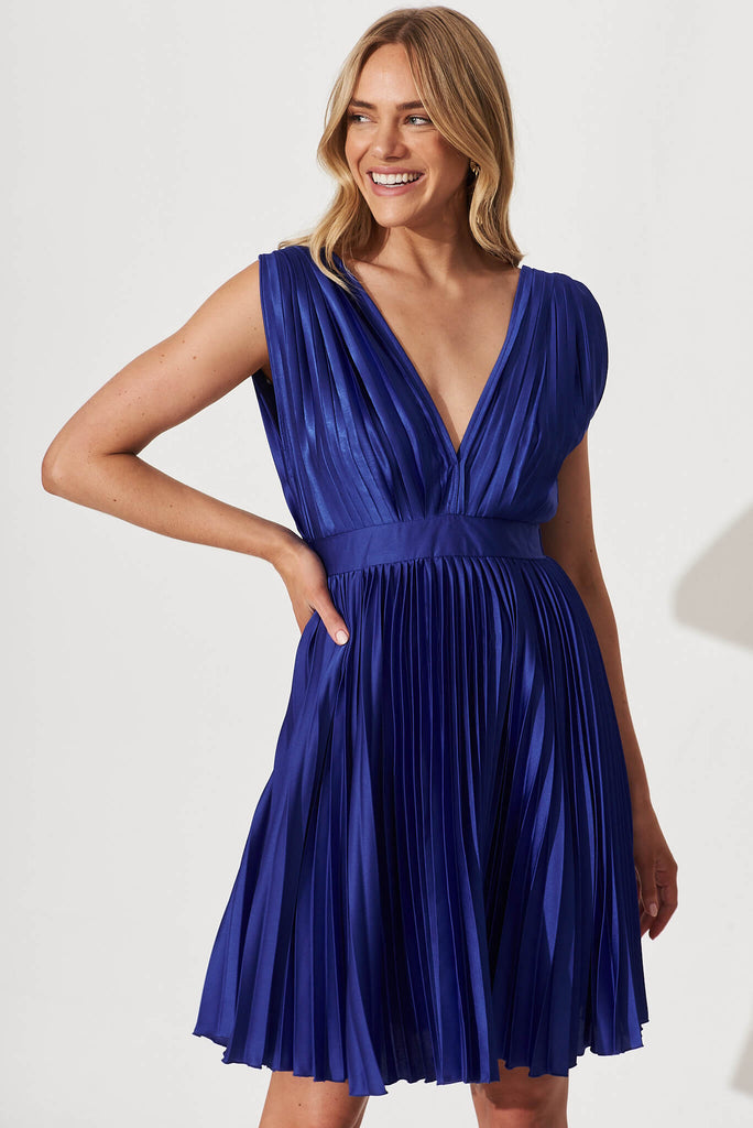 Ann Dress In Pleated Cobalt Satin - front