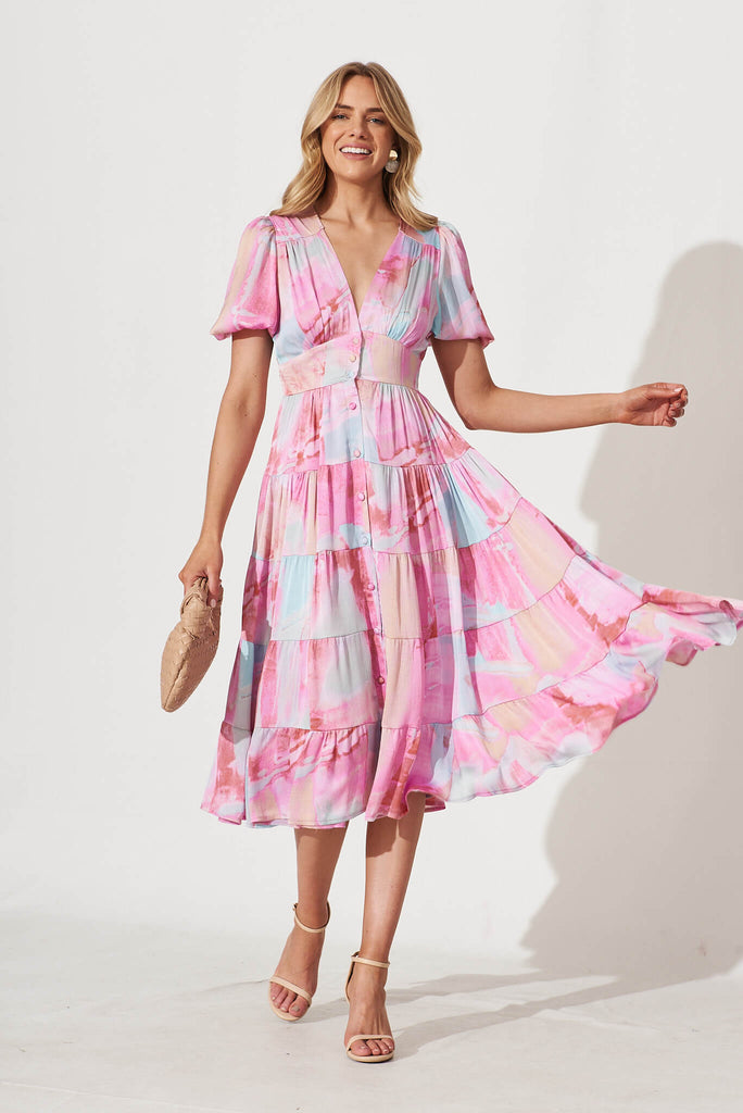 Modica Midi Dress In Pink With Blue Watercolour Chiffon - full length