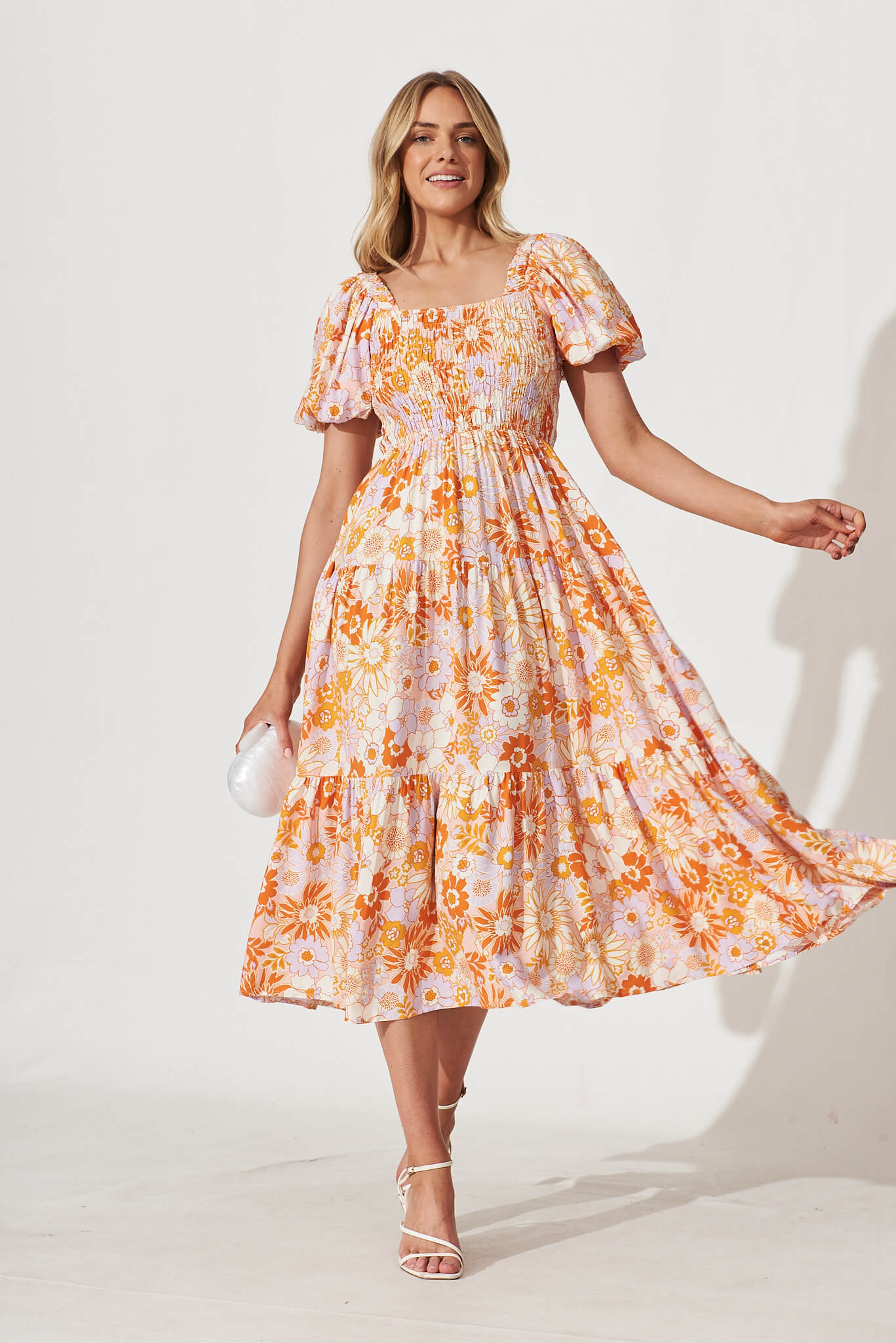 Rosa Midi Dress In Pink With Orange Floral - full length