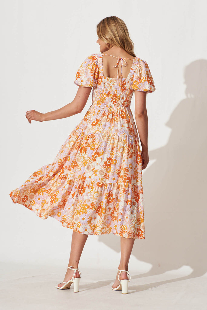 Rosa Midi Dress In Pink With Orange Floral - back