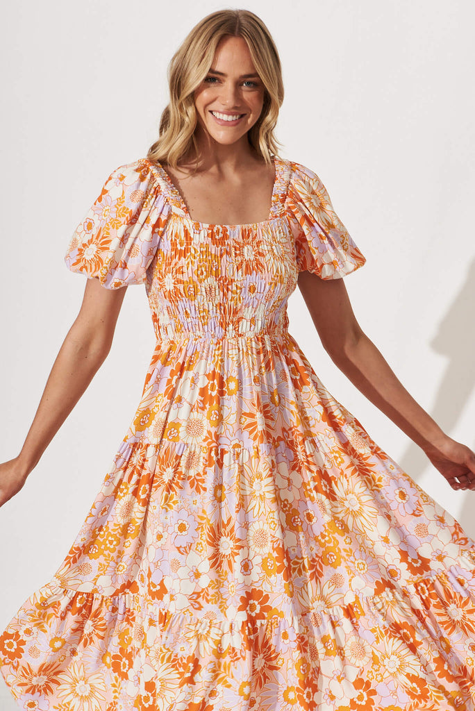 Rosa Midi Dress In Pink With Orange Floral - front