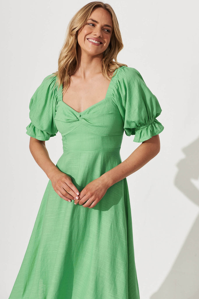 Bonjour Midi Dress In Green Linen Blend - front