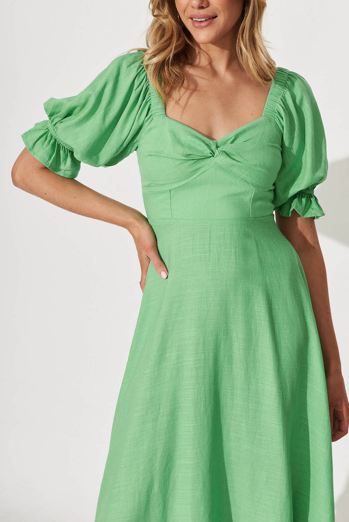Bonjour Midi Dress In Green Linen Blend - detail