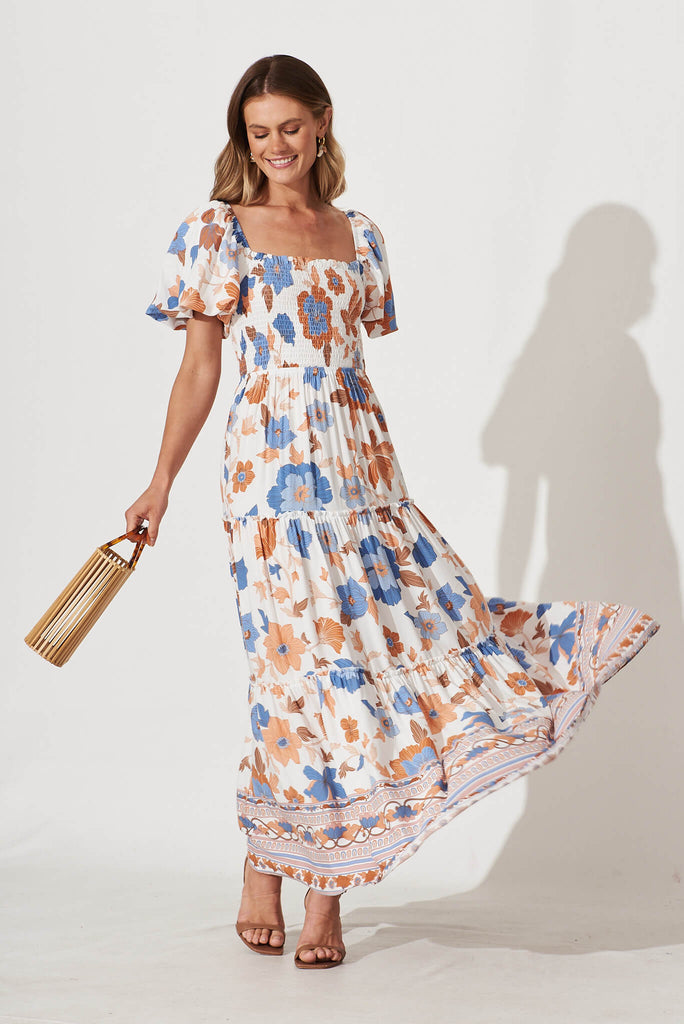 Sea Bay Maxi Dress In White With Rust Boho Floral - full length