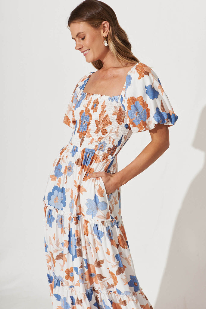 Sea Bay Maxi Dress In White With Rust Boho Floral - front