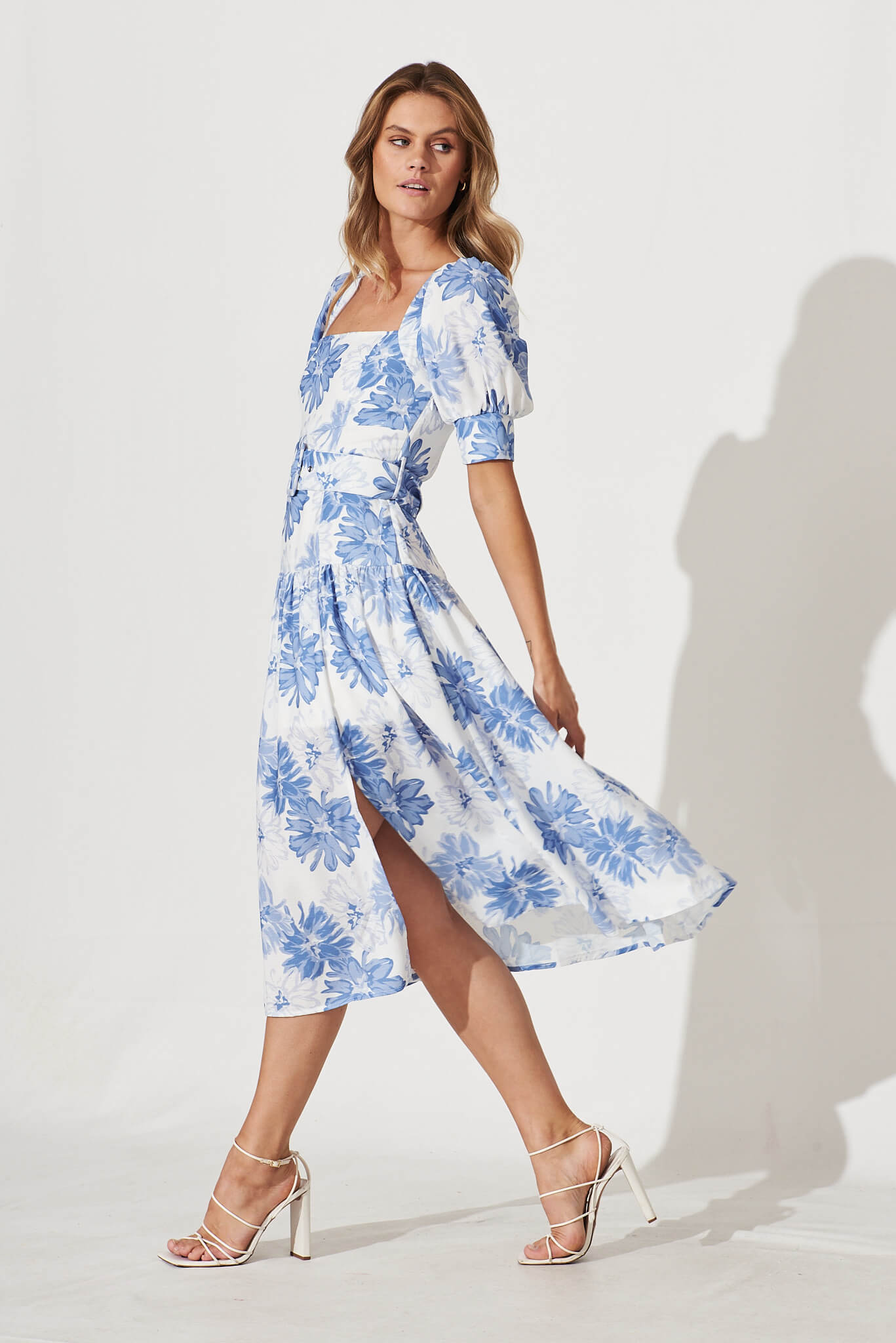 Fantasia Midi Dress In Blue Floral Print Linen Blend – St Frock