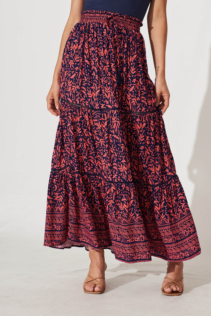 Freedom Maxi Skirt In Navy With Coral Border Print